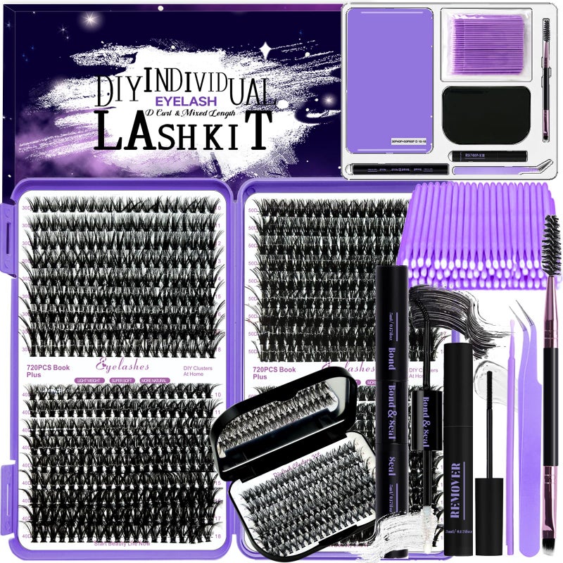 DIY Lash Extension Kit 840Pcs D Curl Individual Lash Clusters Eyelashes Extension Set with Mirror Lash Storage Box Lash BondSeal Glue Remover Tweezers Lash Brush Applicator